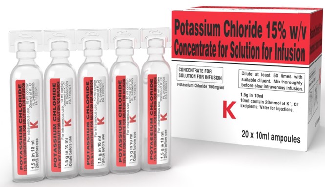 Image of UK-authorized Potassium Chloride 15% w/v Concentrate for Solution for Infusion with English-only labelling