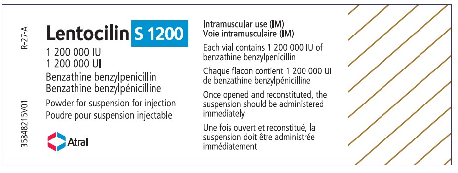 Lentocilin S 1200 autorisé au Portugal ; 1 200 000 UI / 4 mL, étiquettes des flacons avec étiquetage bilingue (anglais et français):
