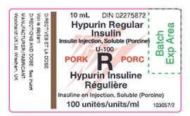 Image de l’étiquette d’un flacon d’Hypurin Regular Insulin Pork autorisé au Canada