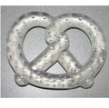Teether of uncoloured rubber, filled with liquid, and in the shape of a pretzel