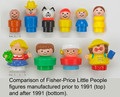 Comparison of Fisher-Price Little People figures manufactured prior to 1991 (top) and after 1991 (bottom)