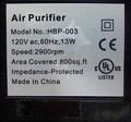 Étiquette du purificateur d’air