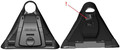 Image showing the Q Tower front and back sides. The crossbar clamping wedge is found on the back side of the product below the round crossbar opening. The wedge is noted by the red arrow and exclamation mark in the image.