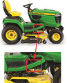 John Deere lawn and garden tractor with arrow indicating serial number location