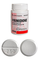 Bottle of 100 (250 mg) Primidone tablets, as well as two 250 mg tablets, front and back 