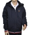 Navy hooded zip-up sweater, model #396