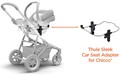 Car seat adapter for Chicco shown for use with a stroller and car seat, and shown separately.