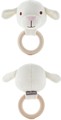 Jouet de dentition en bois avec hochet en peluche attaché représentant une tête de mouton blanc   