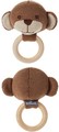 Jouet de dentition en bois avec hochet en peluche attaché représentant une tête de singe brun et blanc   