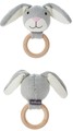 Wood Teether with Attached Rattle in the Shape of Plush Gray and White Bunny Head