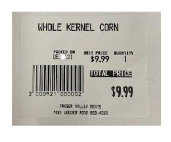 Fraser Valley Meats Whole Kernel Corn - Label