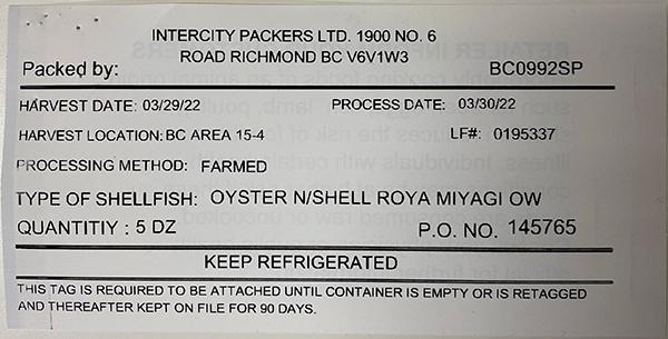 Intercity Packers Ltd. Oyster N-Shell Royal Miyagi Ow - label