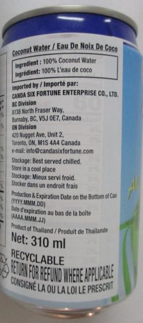 T.A.S. – Eau de noix de coco - 310 mL (verso)