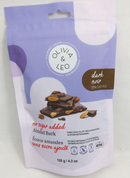 Olivia and Leo Gourmet Treats - Dark 55% Cacao Almond Bark 120g - front