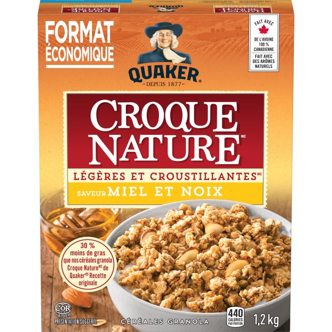 Quaker - Croque Nature Céréales granola Légères et croustillantes Saveur Miel et noix (format économique) - 1,2 kg - Avant