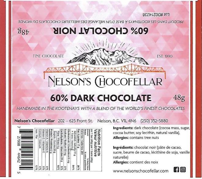 Nelson’s Chocofellar - 60% Dark Chocolate - 48 g - Label