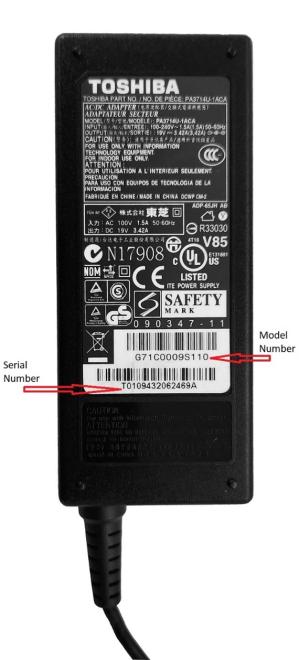 An example of an AC Adapter ID label with Model Number & Serial Number displayed