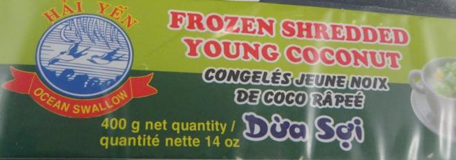 Ocean Swallow - Frozen Shredded Young Coconut, « Conglés jeune noix de coco râpeé » - 400 g - label, étiquette