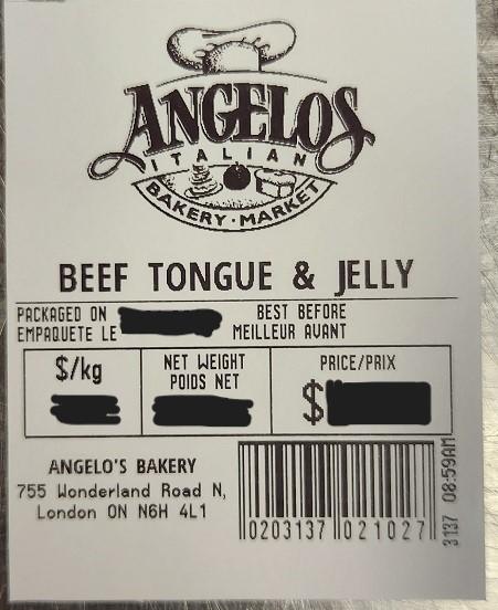 Angelos Italian Bakery Market - « Beef Tongue &amp; Jelly » - Étiquette
