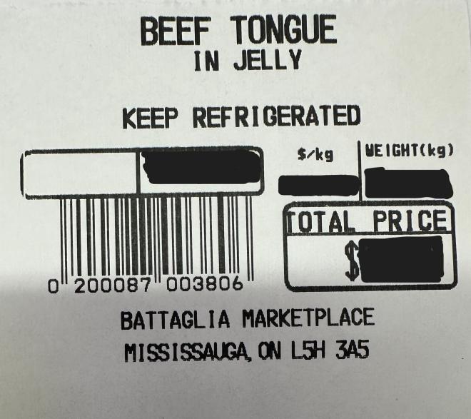 Battaglia's deli - « Beef tongue in jelly » - Étiquette
