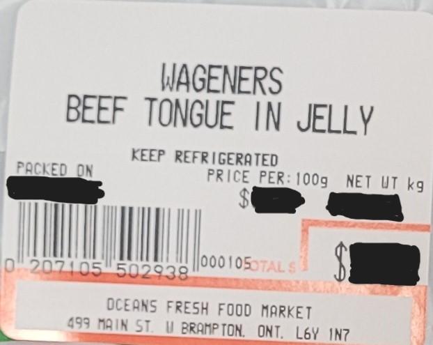 Ocean`'s Fresh Food Market - « Wageners Beef Tongue in Jelly » - Étiquette