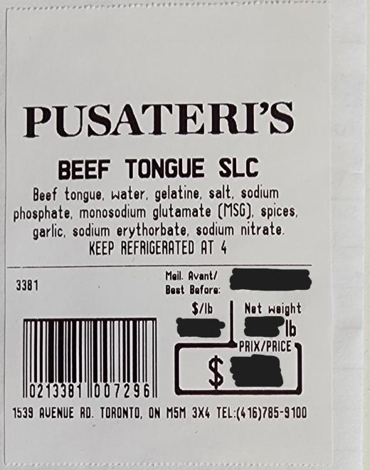 Pusateri's - « Beef Tongue SLC » - Étiquette