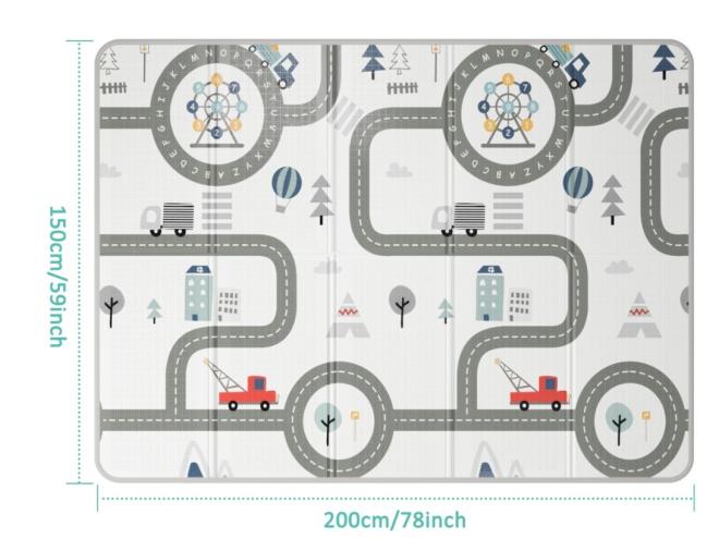 Tapis de jeu FLAGAV en vue de dessus avec des graphismes représentant des routes urbaines, des montgolfières, des grandes roues et des camions.