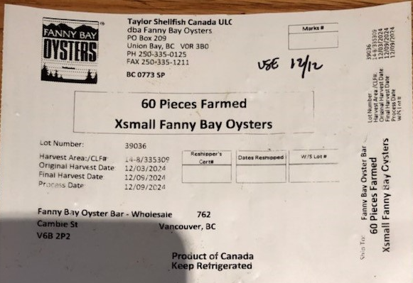 Taylor Shellfish ULC - Fanny Bay oysters - Xsmall - Lot 39036