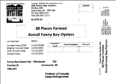 Taylor Shellfish ULC - Fanny Bay oysters - Xsmall - Lot 39043