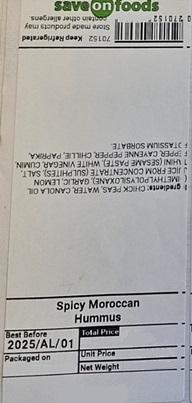 Save on Foods - « Spicy Moroccan Hummus » - Poids variable - Étiquette