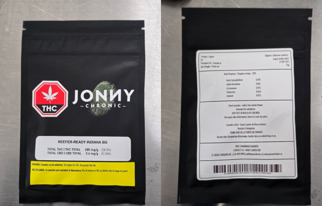 A product in a pouch with a white label with a red octagon-shaped standardized cannabis symbol and yellow Health Warning Box on the bottom. A logo is next to the cannabis symbol. The label also has product information like the name, cannabinoid content and bar codes.
